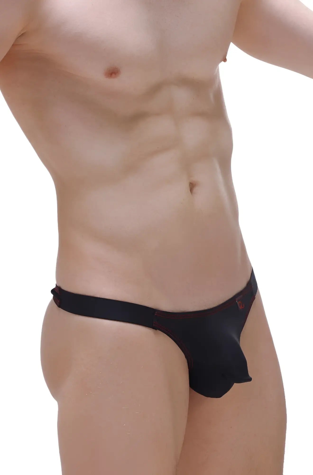 Black men’s briefs thong mothern black with red logo waistband showing front side in soft stretch fabric