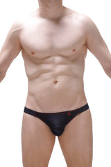 Black men’s briefs thong Mothern black with subtle red logo on waistband showing front side