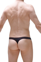 Black thong mothern with red stitching along the waistband showing the back side of the product