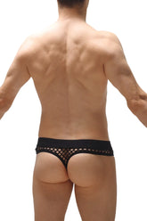 Black mesh thong nivac with a solid waistband shown from the back highlighting its sheer material and fit
