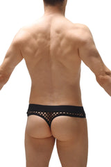 Black mesh thong nivac with a solid waistband shown from the back highlighting its sheer material and fit