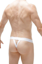 White minimalist thong nouans plum pink with smooth elastic waistband and thin clean-cut straps visible from front