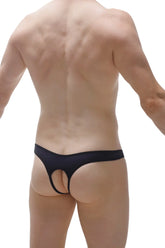 Black thong with open cutout design showing back side in sleek and minimal style for intimate wear
