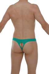 Teal mesh thong with central cutout design from petitq in green showing front view