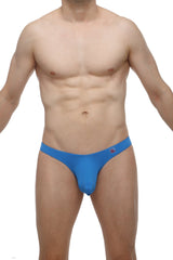 PetitQ thong pazin blue bright blue form-fitting men’s briefs with sleek smooth fabric and small logo on waistband