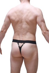 Black thong pinces with a wide waistband and adjustable straps shown from the back side