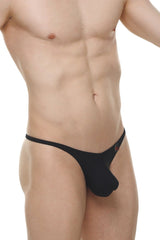 Black thong plellis skine with a snug form-fitting design and small red logo on the side showing the back view