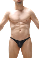 Black sheer mesh thong plellis black featuring a small red logo on the side shown from the back side
