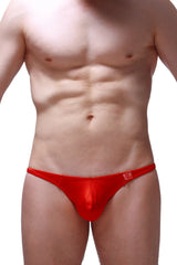Red shiny form-fitting thong plellis joe red with small logo on waistband shown from the back side