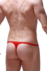 Red thong plellis joe featuring a textured stretchy fabric waistband shown from the back side