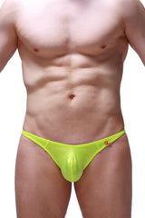 PetitQ thong Plellis Joe neon yellow bright neon green sheer mesh briefs with small red logo on waistband