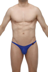 Blue mesh thong plellis macra with a small red logo on the side for comfortable everyday wear