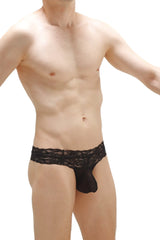 Black lace thong plessis lace black with intricate pattern and soft sheer fabric showing front view