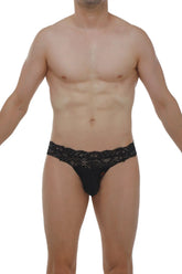Black lace-trimmed men’s briefs thong plessis lace black with a sleek form-fitting design showing the front side
