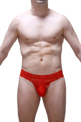 Red lace thong plessis net red with sheer patterned waistband and solid red front panel