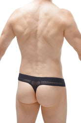Black mesh thong plones durtol with solid waistband featuring dotted pattern shown from the back side