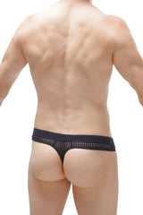 Black mesh thong plones durtol with solid waistband featuring dotted pattern shown from the back side