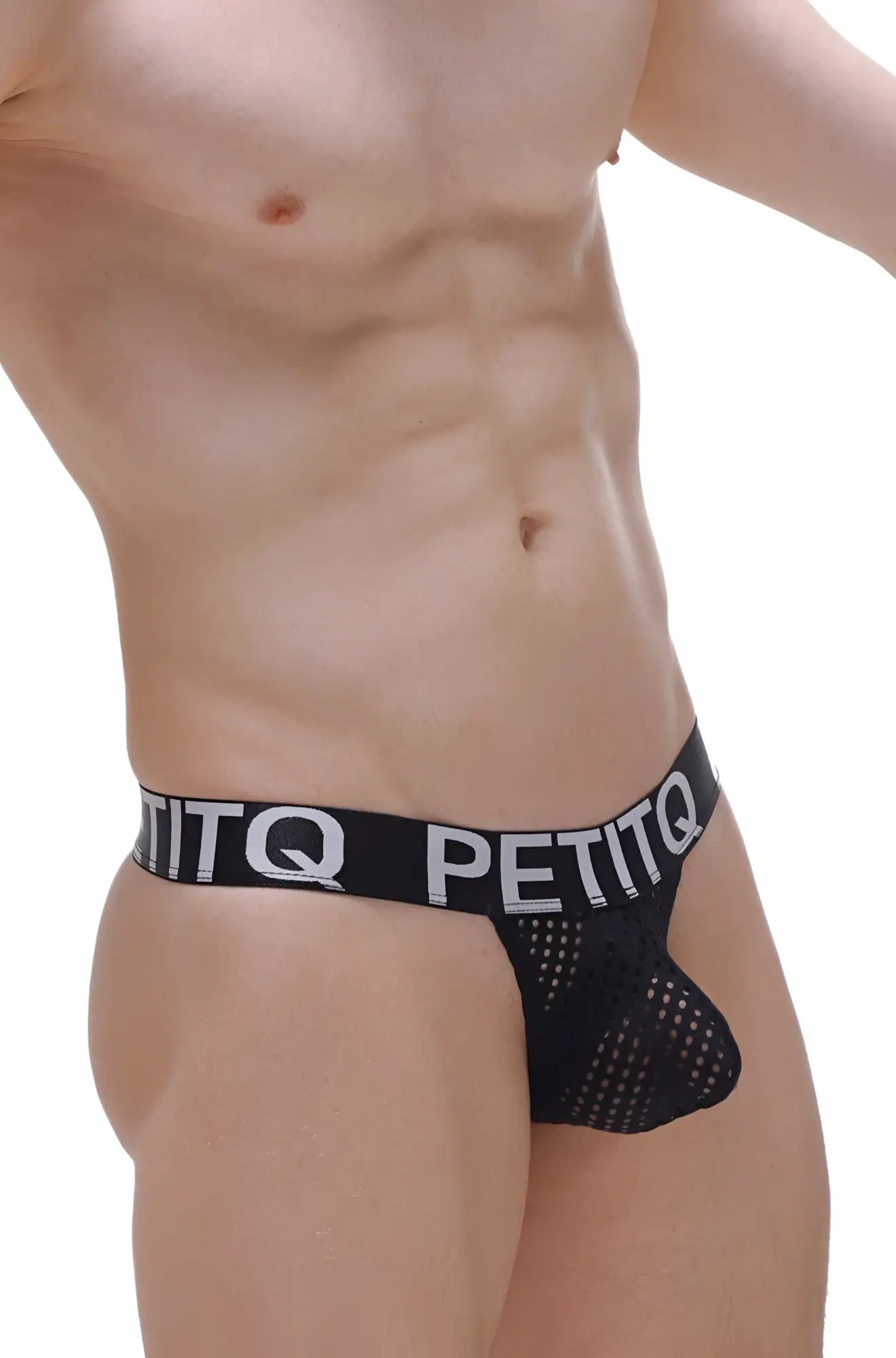 Black mesh thong protruder durtol with wide elastic waistband and petitq logo in white lettering