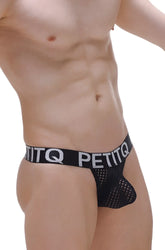 Black mesh thong protruder durtol with wide elastic waistband and petitq logo in white lettering