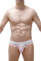 Pink floral-patterned men’s thong protruder briefs with white elastic waistband for comfortable everyday wear
