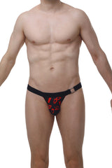 Black thong with red scissors pattern and metallic buckle from petitq thong rompon boudoir collection