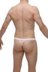 Pink thong made of smooth stretchy bamboo fabric with minimalist design shown from the back side