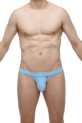 Light blue form-fitting thong briefs with a snug waistband and red logo made from bamboo fabric for men