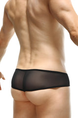 Black sheer mesh thong toga net briefs with a solid black waistband, front view