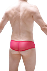 Bright pink sheer mesh thong toga net fuchsia briefs with solid red waistband visible from the front