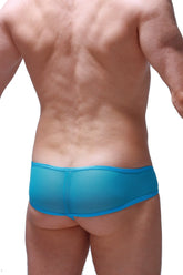 Thong toga net maya blue translucent turquoise blue mesh brief with solid matching waistband front side visible