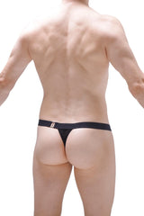 Back view of thong vaivre black thong with metallic buckle detail and sleek black fabric design