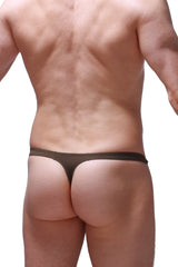 Black thong briefs in olive with smooth stretchy fabric and minimalistic design shown from the back side