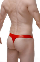 Red shiny latex thong zip vinyl red showcasing the back side with a sleek zip detail