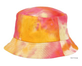 A vibrant multi-orange tie dye bucket hat with a soft flowing pattern and subtle stitching details