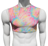 A vibrant sleeveless tie dye crop top in pink blue yellow and white perfect for casual summer wear