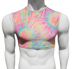 A vibrant sleeveless tie dye crop top in pink blue yellow and white perfect for casual summer wear