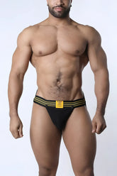 Black athletic tight end 2 inch snap up shadow jockstrap with bold yellow stripes and branded waistband label