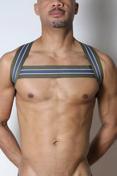 Tight End elastic harness featuring olive green and navy blue striped suspenders with white trim for secure fit