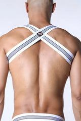 Back view of white and navy striped tight end elastic harness men’s underwear with small black logo patch