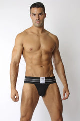 Black tight end jockstrap briefs with two gray waistband stripes and a white center label for athletic support