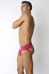 Tight end jockstrap red and purple striped athletic briefs with supportive contoured design for active use