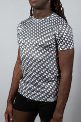 Black and white geometric patterned short-sleeve crew neck tile print tee made from soft breathable fabric