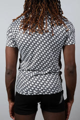 Black and white geometric-patterned short-sleeve athletic shirt made from breathable fabric for active wear