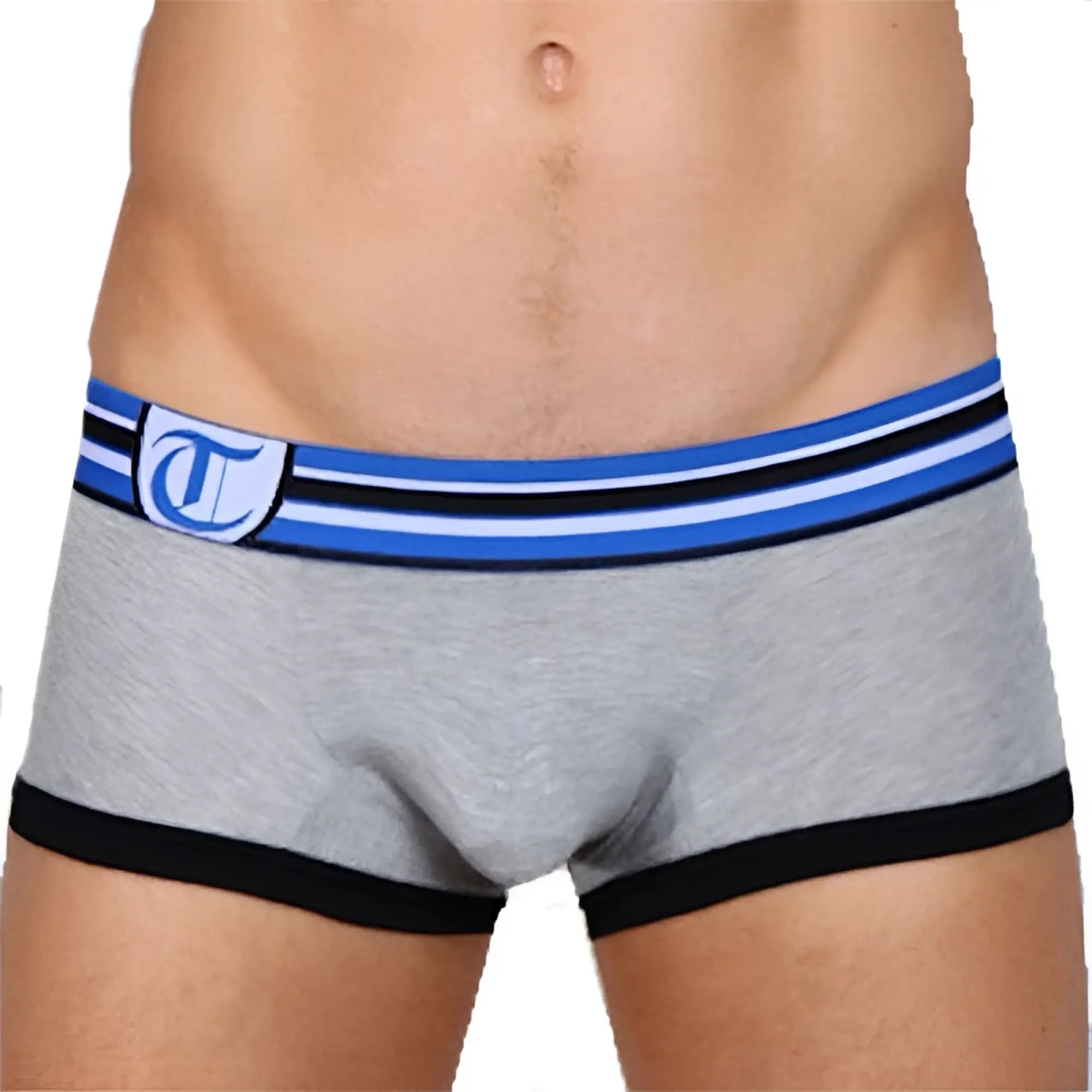 Gray heathered timoteo hero scout boxer briefs with blue black striped waistband and white shield logo size xl