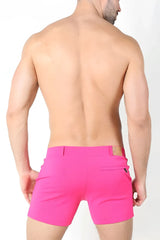 Timoteo santa monica shorts fuchsia tailored fit bright pink shorts with a small brown leather patch on waistband