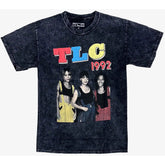 Black distressed cotton t-shirt featuring vibrant 1992 tlc graphic with colorful lettering and iconic photo