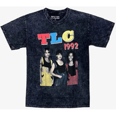 Black distressed cotton t-shirt featuring vibrant 1992 tlc graphic with colorful lettering and iconic photo