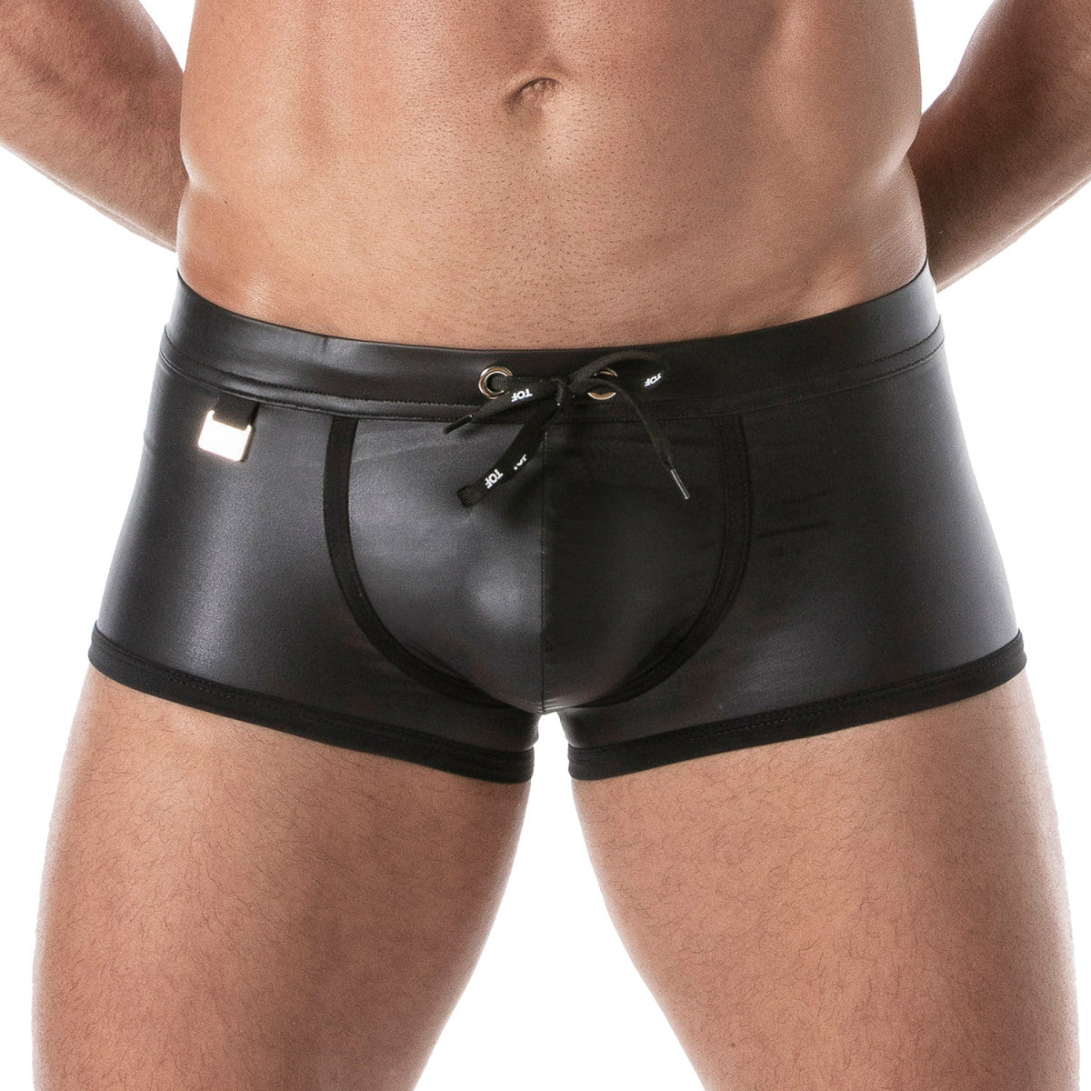 Fetish swim trunks made of black patent leather with a drawstring waistband and side pockets