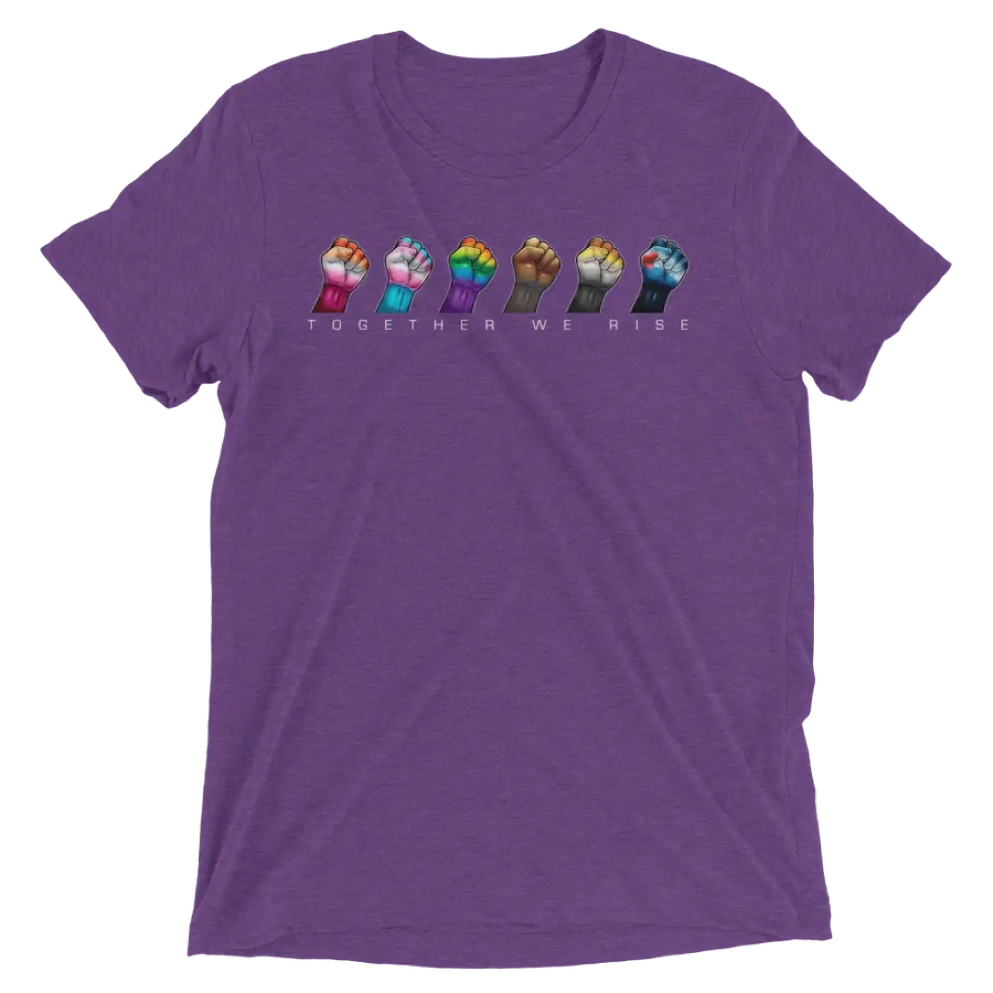 Purple heathered cotton t-shirt with five colorful raised fists and the phrase together we rise printed below