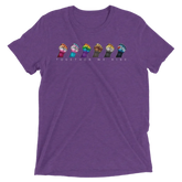 Purple heathered cotton t-shirt with five colorful raised fists and the phrase together we rise printed below
